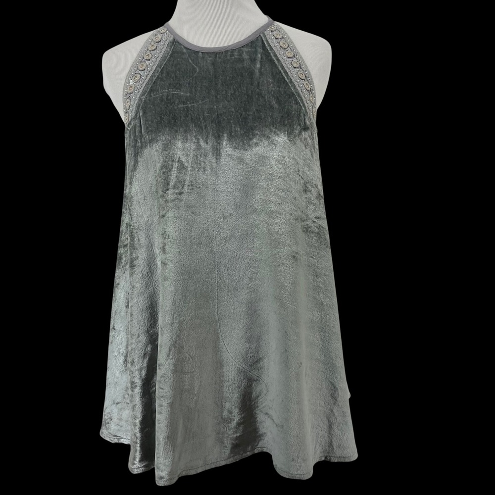 Blank London Size S Velvet Swing Tank Gray Embroidered Embellished Halter Women